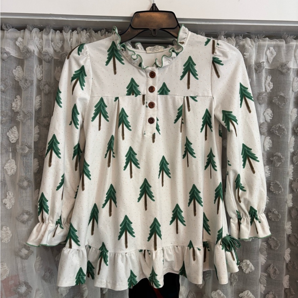 Girls Ruffled Tree Print Tunic Top - White & Green